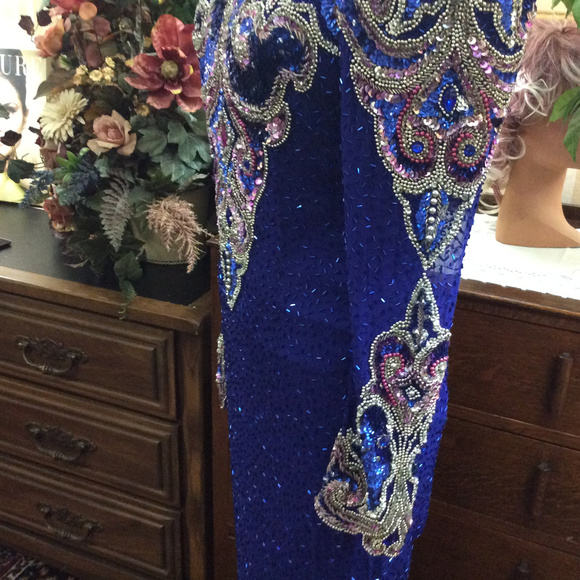 SOLD ... More Pics of Glitzy Silk Blue Sequin Gown - Picture 3 of 8